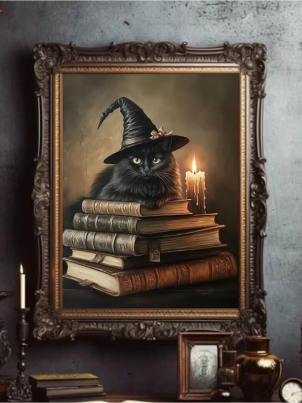 Mystic Black Cat Art Print with Witch Hat - Home Art